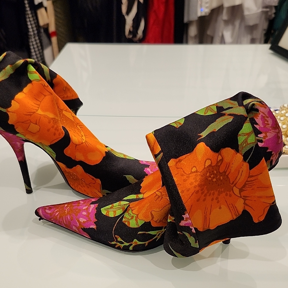 Balenciaga Black and Orange Floral Ankle Knife Boots